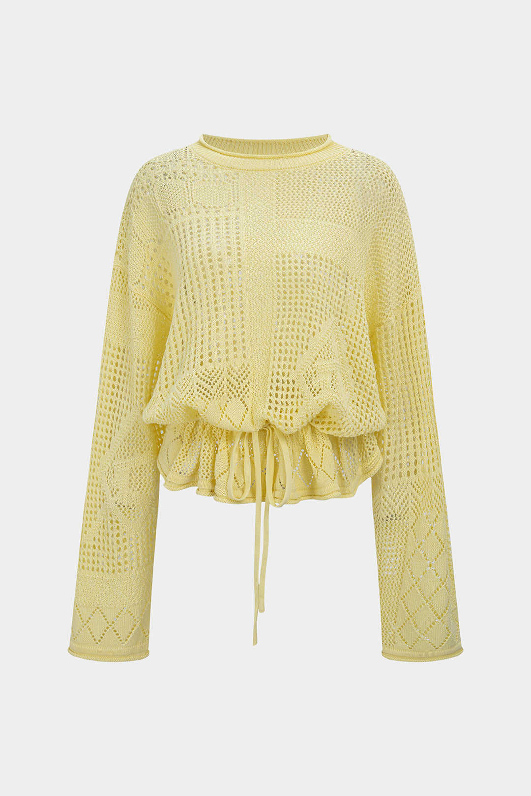 Solid Geometric Round Neck Drawstring Long-Sleeve Top