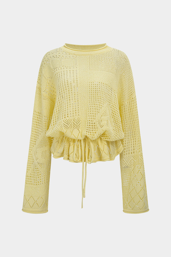 Solid Geometric Round Neck Drawstring Long-Sleeve Top