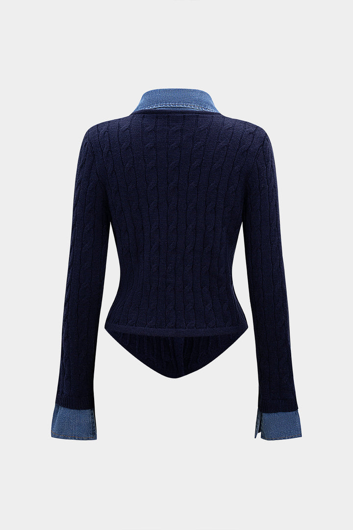 Cable Knit Patchwork Button Long-Sleeve Top