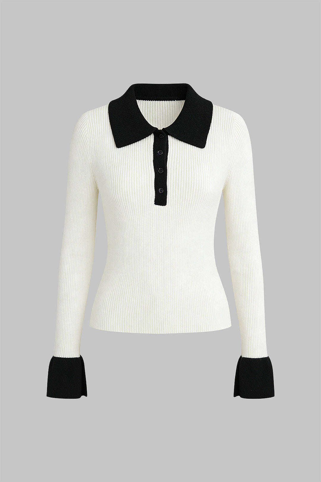 Knit Button Contrast Long-Sleeve Top