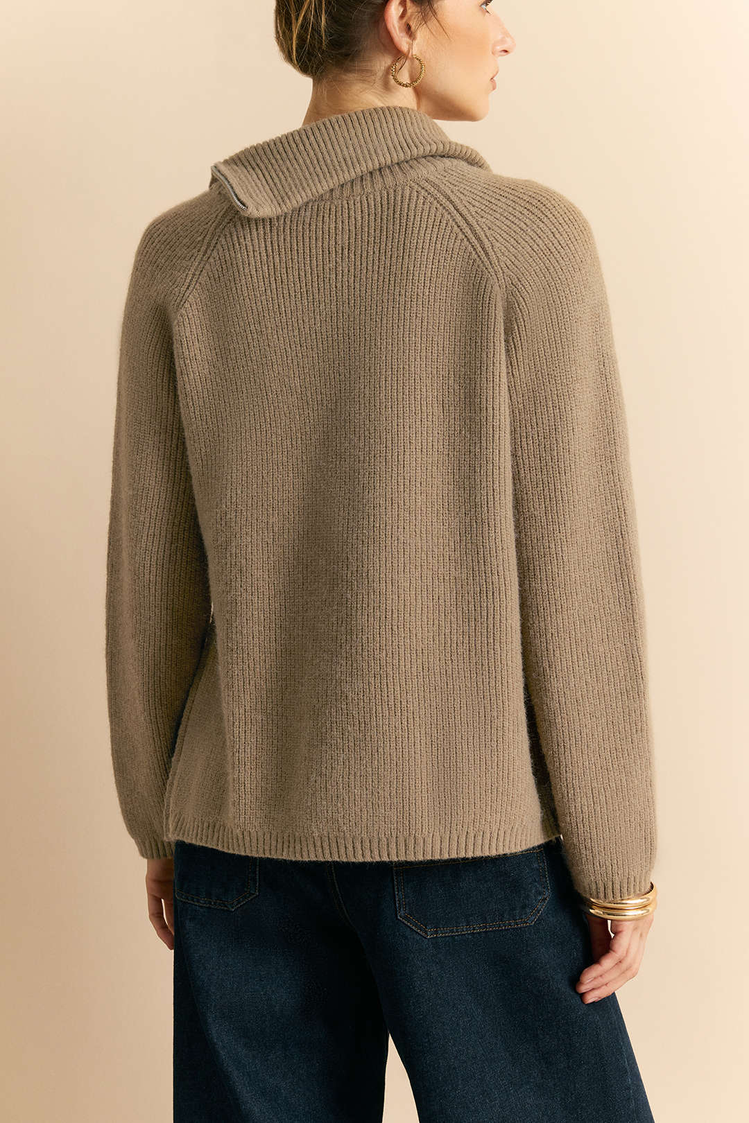 Knit Zipper Turn-Down Collar Long-Sleeve Top
