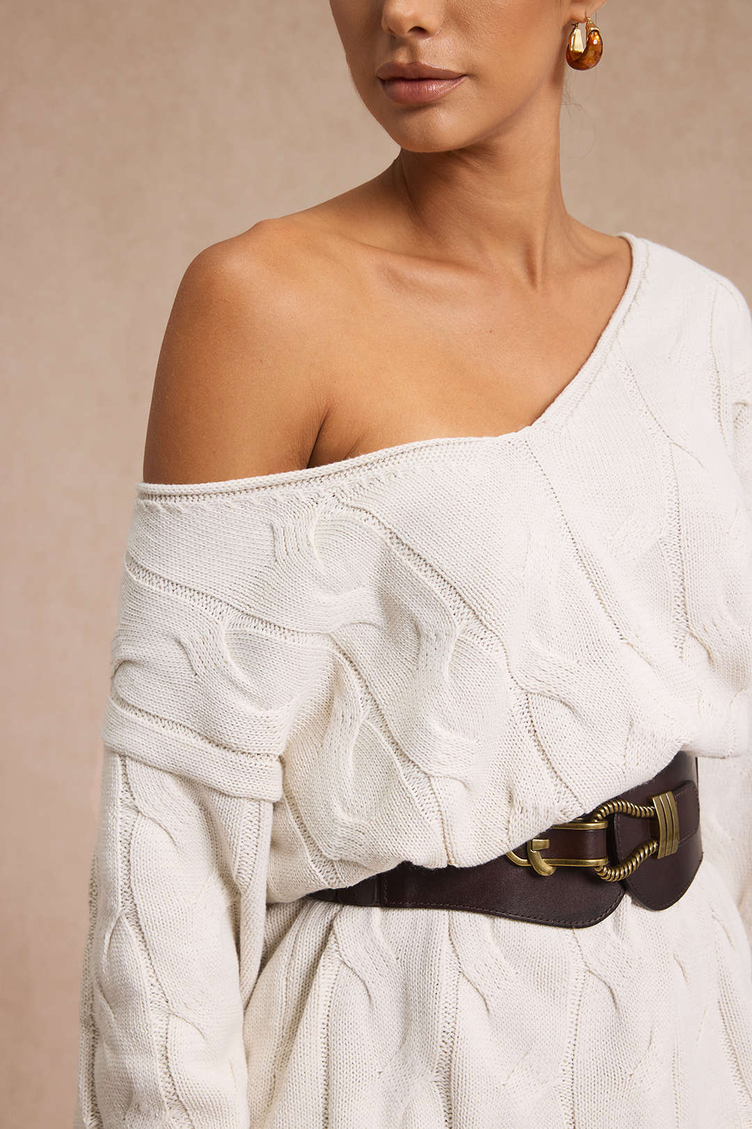 Cable Knit Asymmetrical Neck Long-Sleeve Top