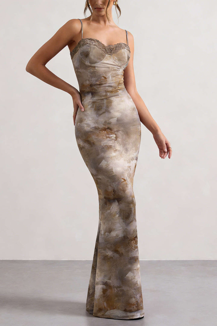 Abstract Print Patchwork Lace Trim Bustier Sleeveless Maxi Dress