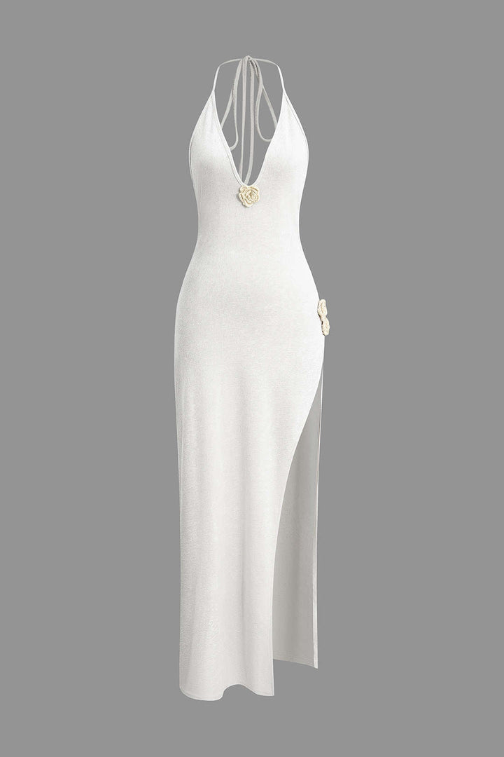 3D Floral V-Neck Backless Slit Maxi Dress