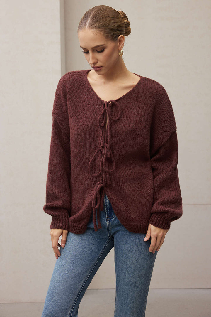 Knit Round Neck Tie-Up Cardigan