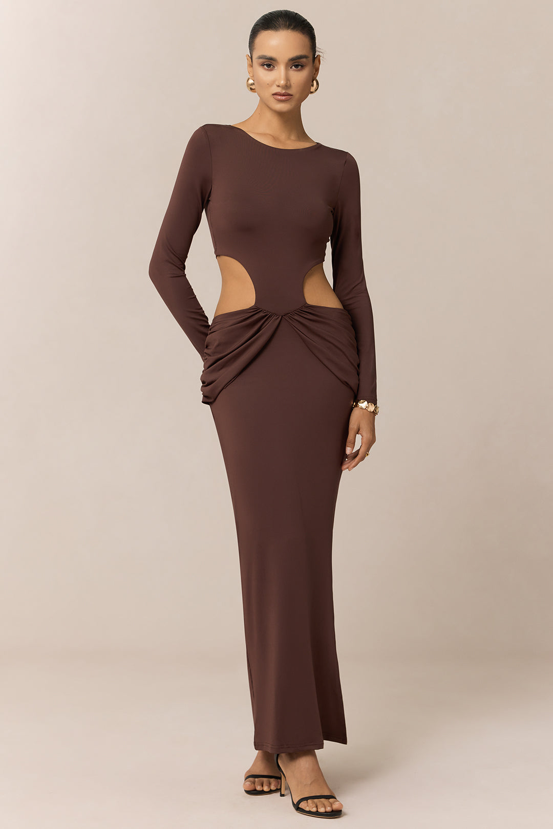 Ruched Round Neck Cut Out Long Sleeve Maxi Dress