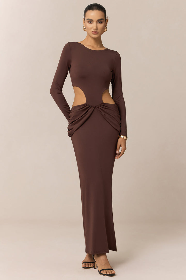 Ruched Round Neck Cut Out Long Sleeve Maxi Dress