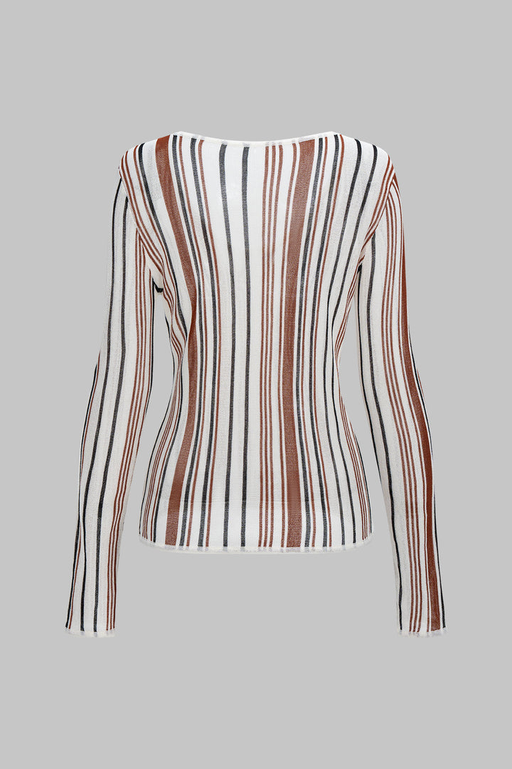Knit Stripes Print V-Neck Long-Sleeve Top