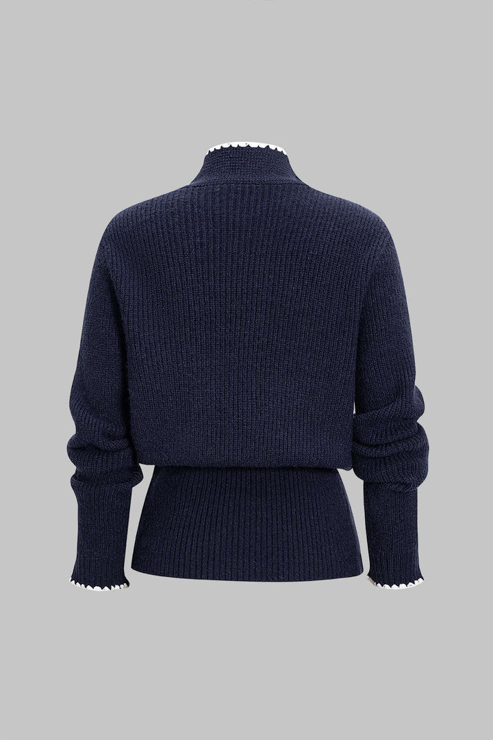 Knit Contrast Button Tie-Up Cardigan