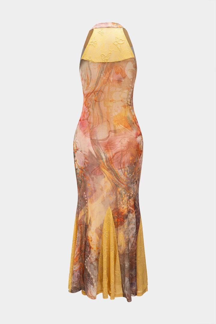 Artistic Print Halter Neck Tie-Up Sleeveless Dress