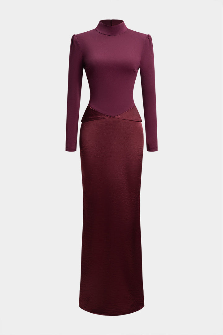 Satin Patchwork Mock Neck Backless Long-Sleeve Maxi Dress