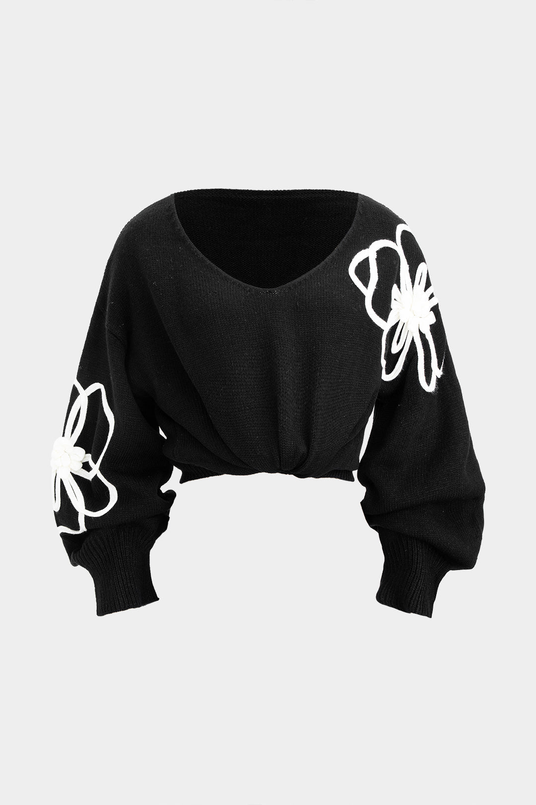 Knit V-Neck Flower Applique Long-Sleeve Top