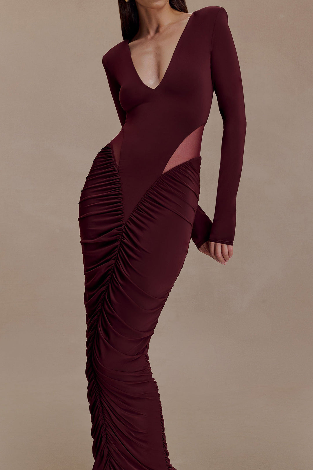 Patchwork Mesh Ruched V-Neck Long Sleeve Maxi Dress