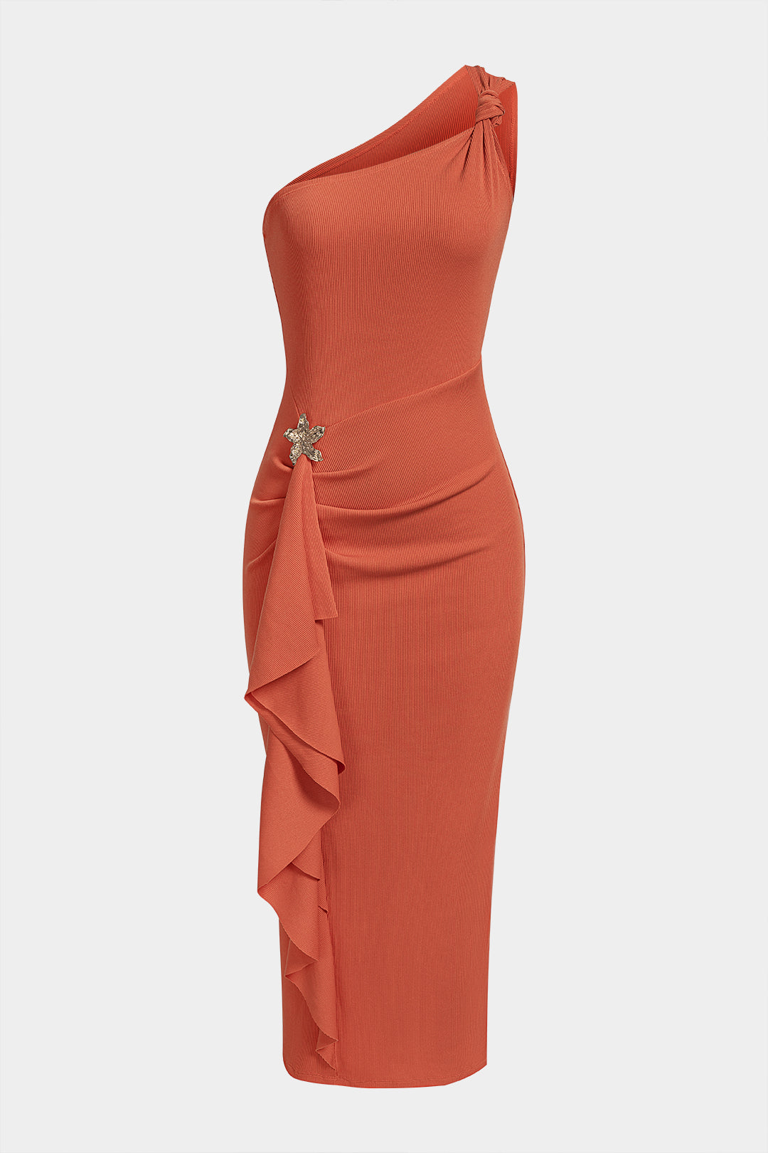 One Shoulder Knotted Metallic Asymmetrical Ruched Sleeveless Maxi Dress