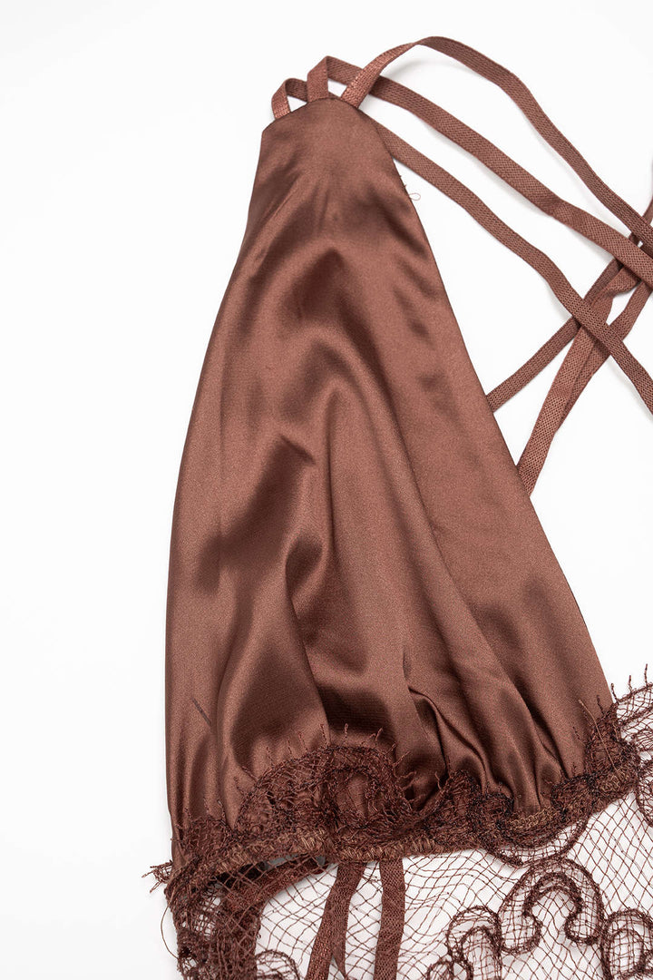 Stain Patchwork Sheer Lace V-Neck Crosssed Backless Maxi Dress