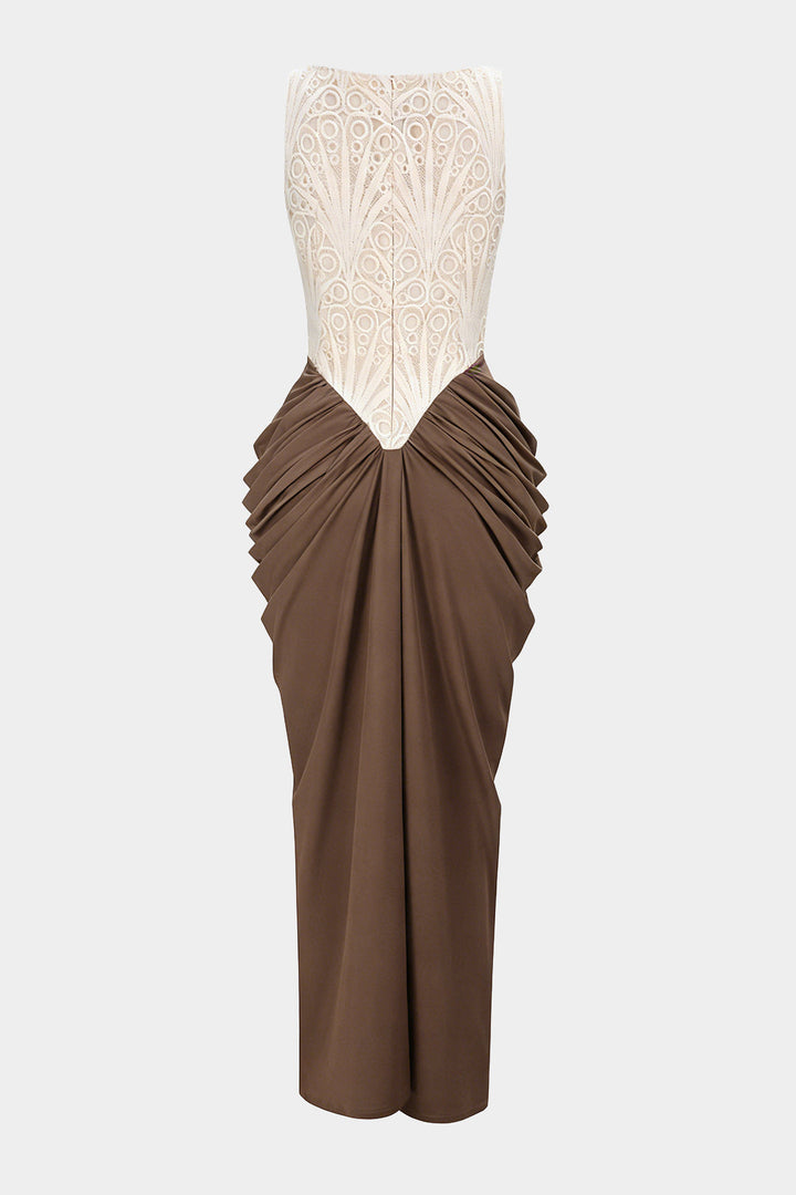 Embroidery Patchwork Square Neck Ruched Sleeveless Maxi Dress