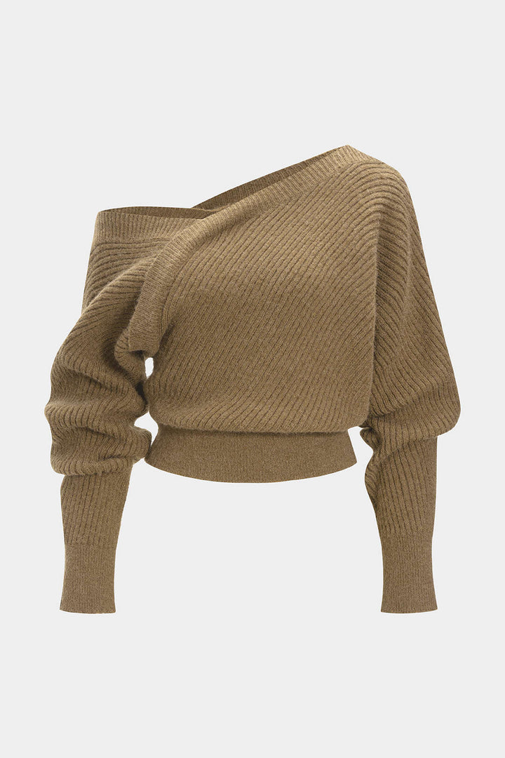 Knit Asymmetrical Ribbed Long-Sleeve Top