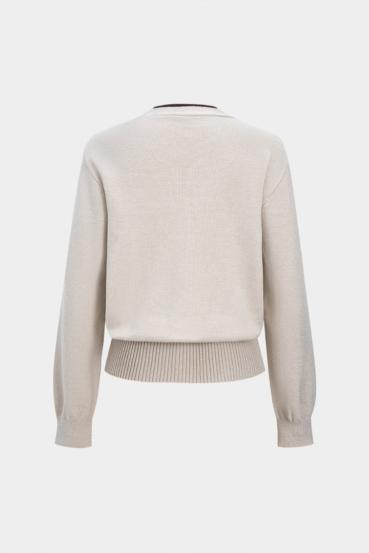 Knit Contrast Button V-Neck Long-Sleeve Top