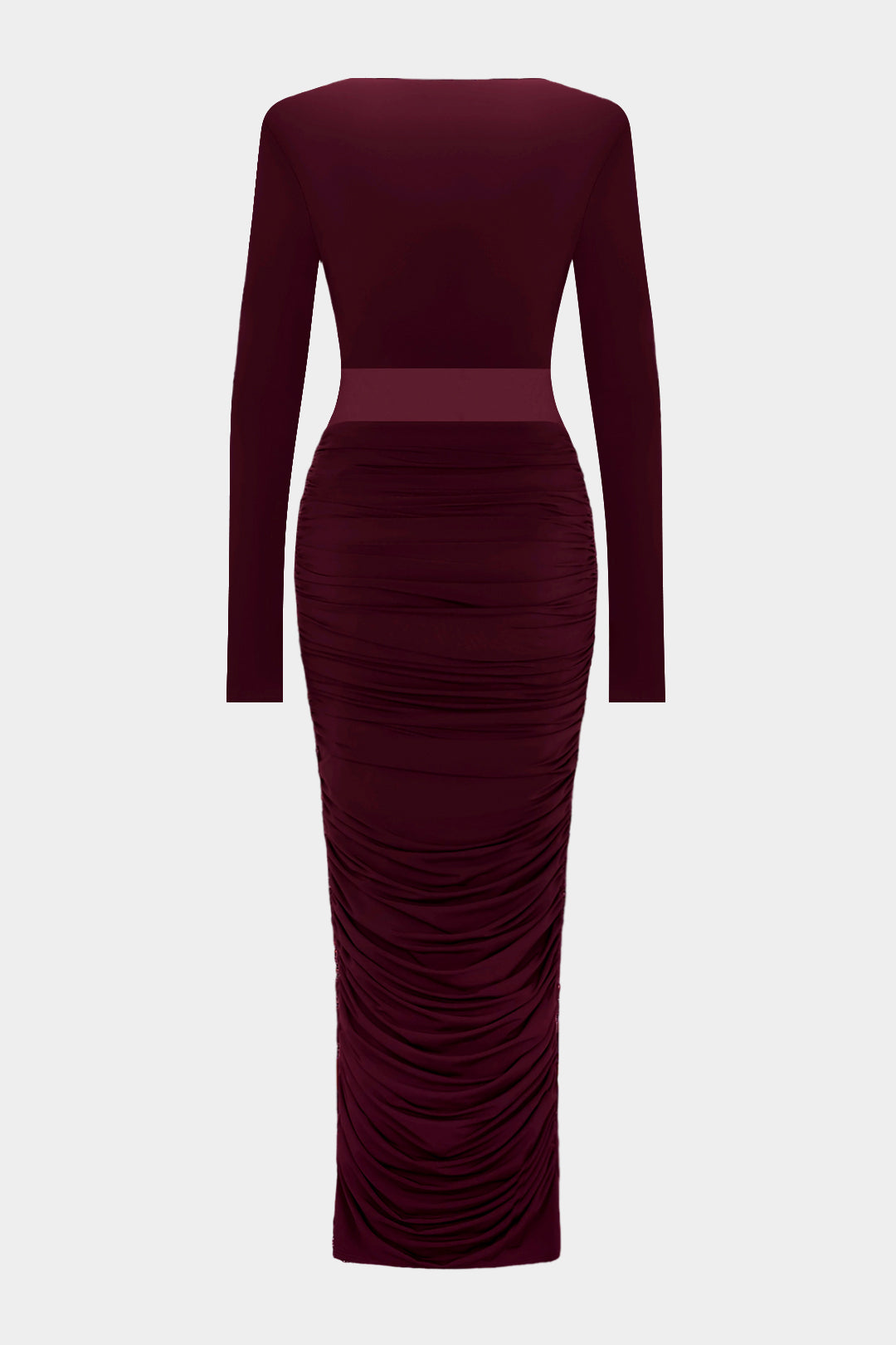 Patchwork Mesh Ruched V-Neck Long Sleeve Maxi Dress