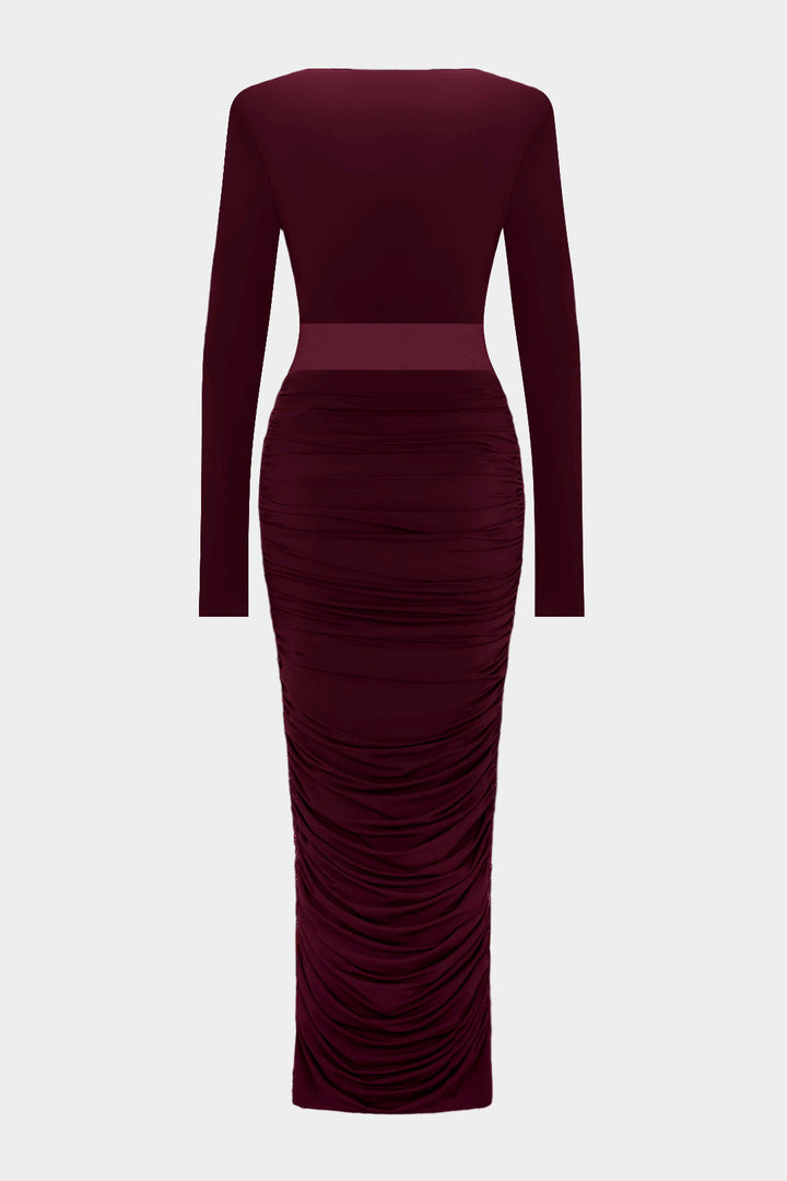 Patchwork Mesh Ruched V-Neck Long Sleeve Maxi Dress