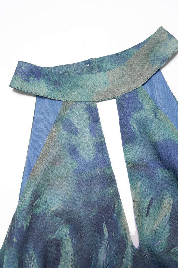 Tie Dye Print Mesh Halter Neck Cut Out Sleeveless Maxi Dress With Scarf