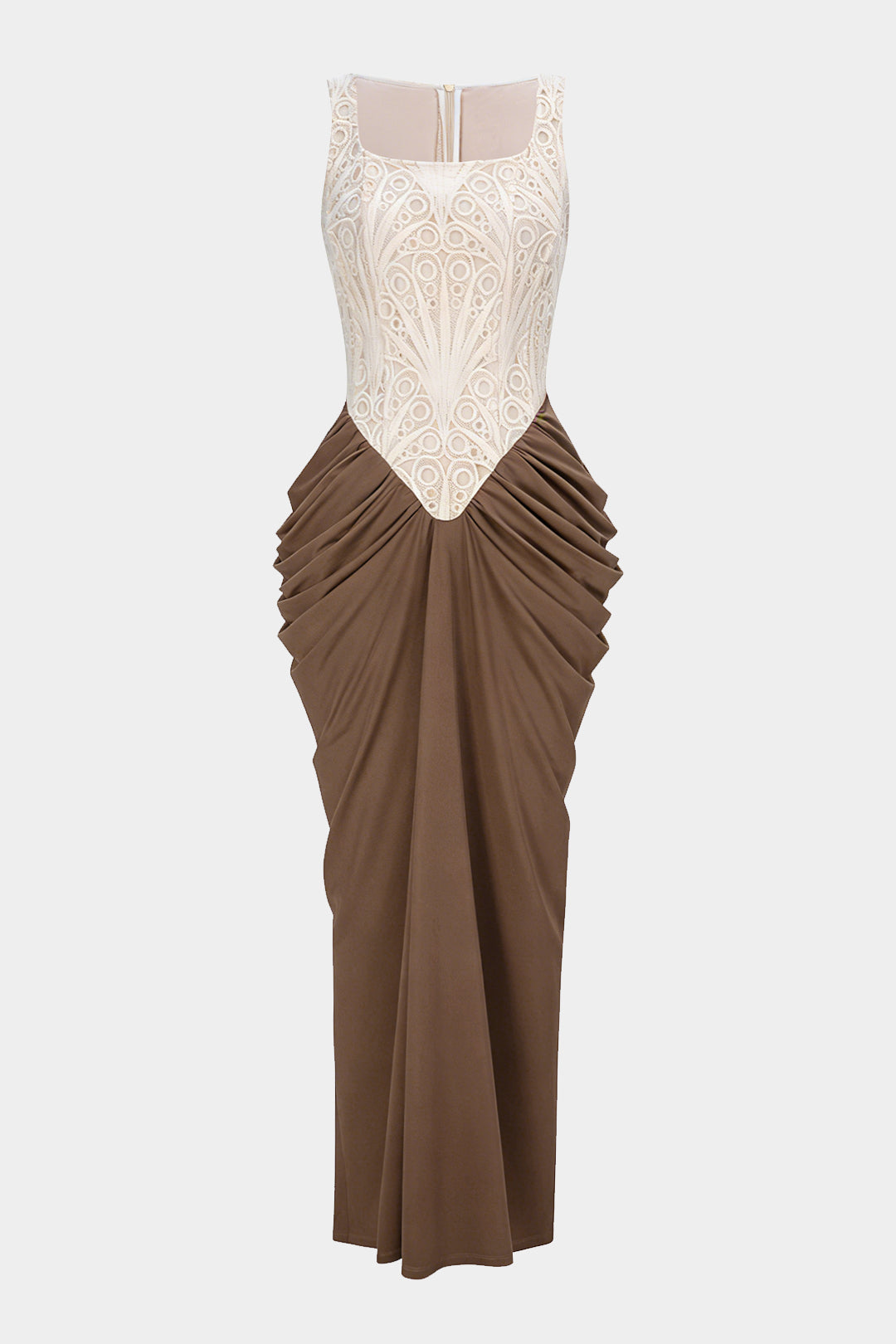 Embroidery Patchwork Square Neck Ruched Sleeveless Maxi Dress
