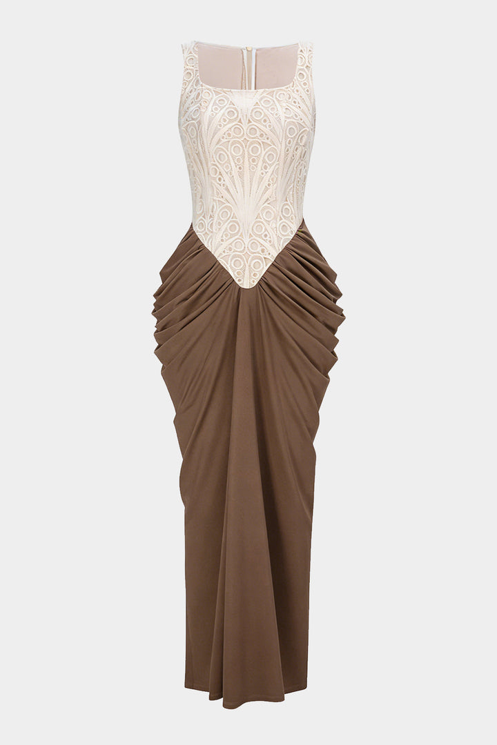 Embroidery Patchwork Square Neck Ruched Sleeveless Maxi Dress