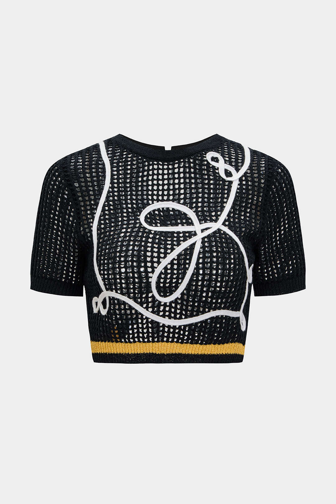 Knit 3D Embroidery Print Contrast Tie Back Short-Sleeve Top