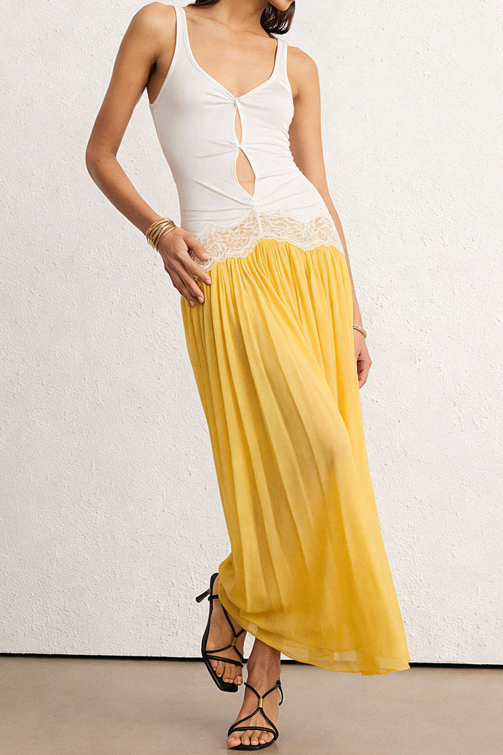 Patchwork Lace Cut Out Ruched Sleeveless Dress