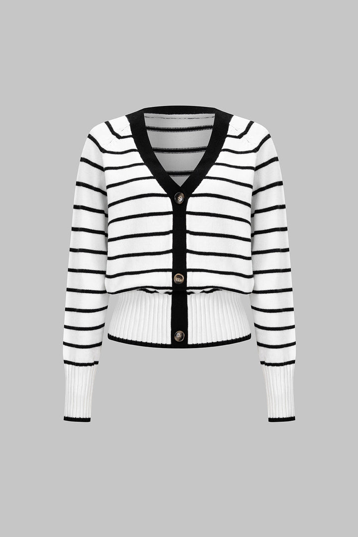 Knit Contrast Stripes Print V-Neck Button Cardigan
