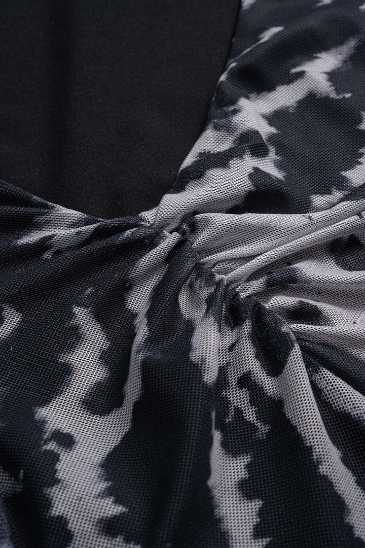 Contrast Print Mesh Ruched Long Sleeve Maxi Dress