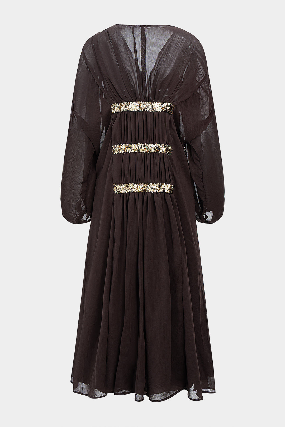 Mesh Sequin Decor V-Neck Ruched Long Sleeve Maxi Dress