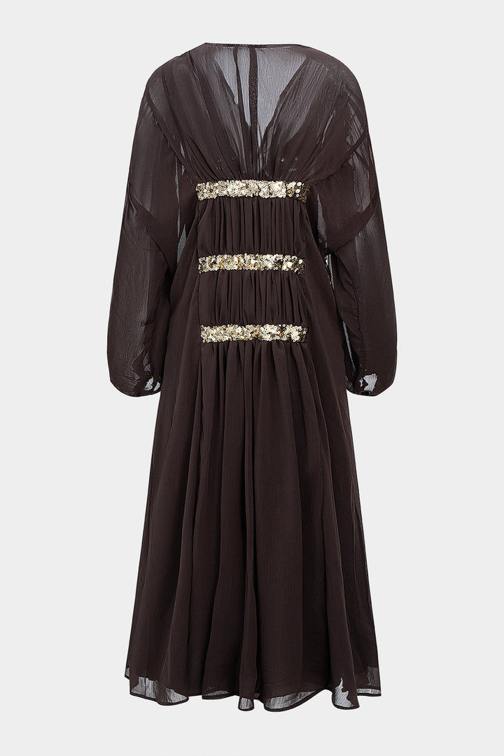 Mesh Sequin Decor V-Neck Ruched Long Sleeve Maxi Dress