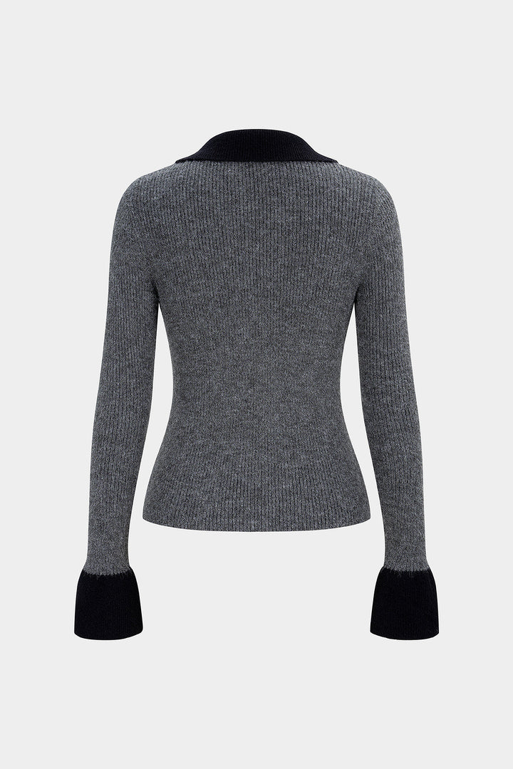 Knit Button Contrast Long-Sleeve Top
