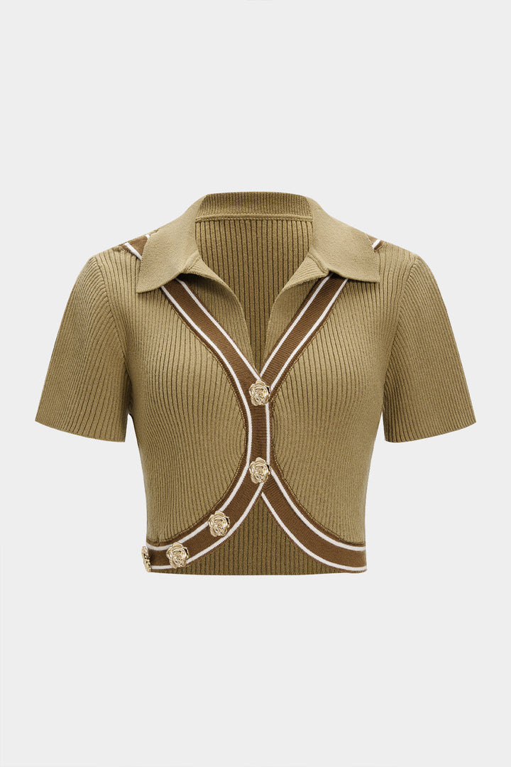 Knit Contrast Asymmetrical Metallic Button Short-Sleeve Top