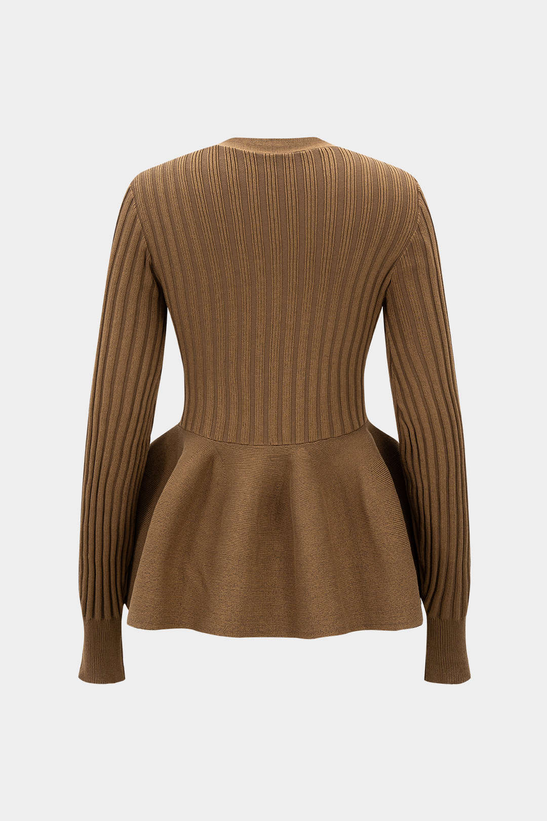 Knit V-Neck Puff Hem Ribbed Long-Sleeve Top