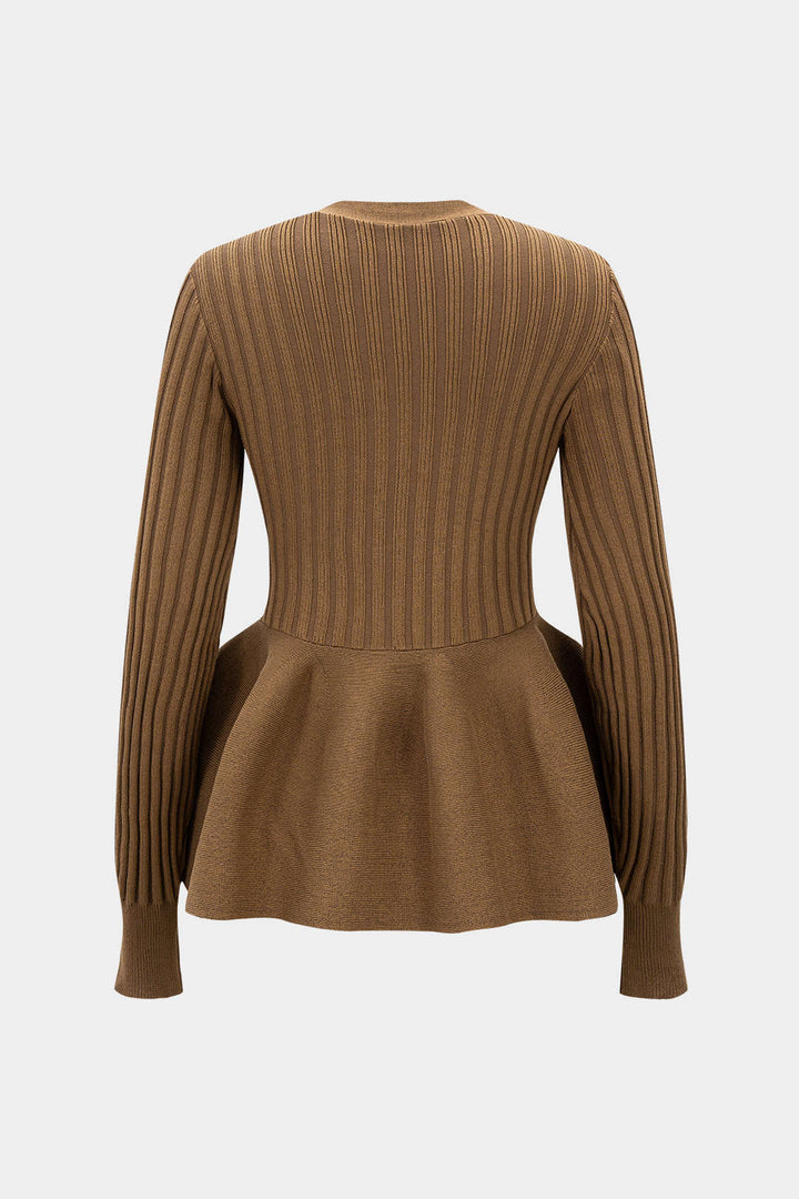 Knit V-Neck Puff Hem Ribbed Long-Sleeve Top