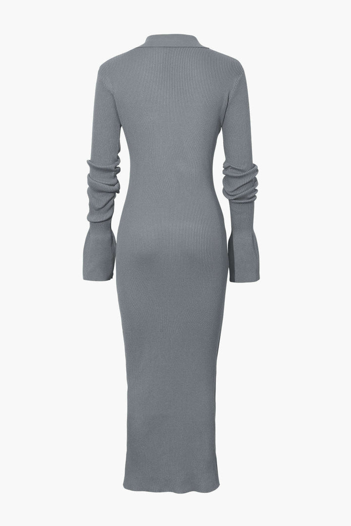 Shell Sleeve Ribbed Buttons Down Maxi Dress Mesh