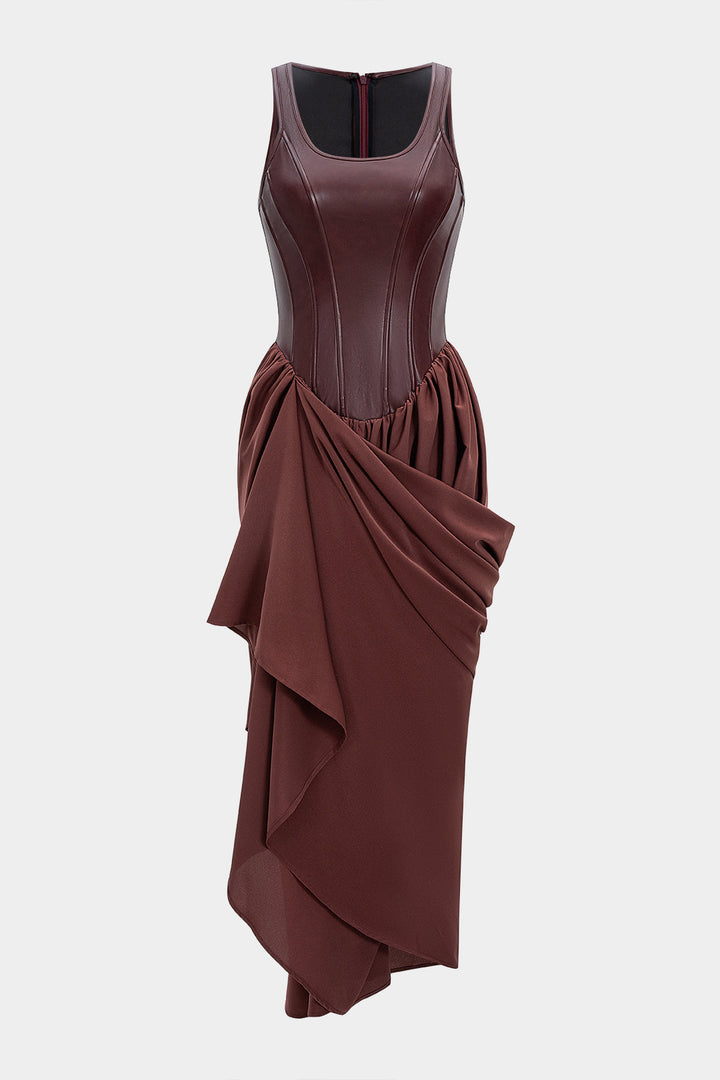 Faux Leather Patchwork Ruched Asymmetrical Sleeveless Maxi Dress