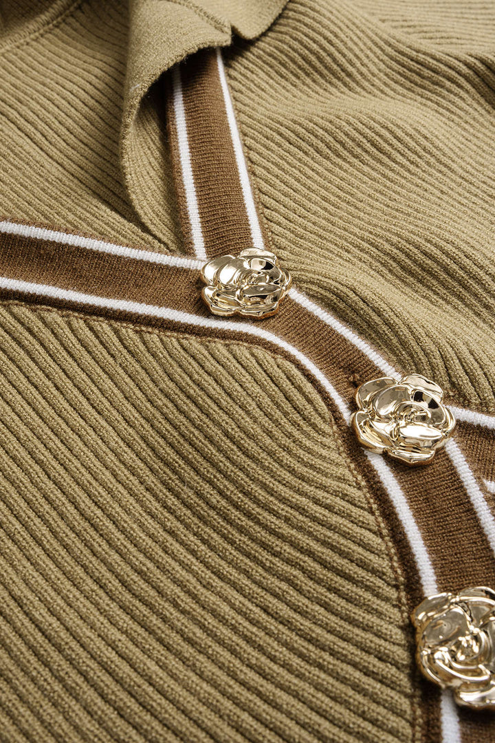 Knit Contrast Asymmetrical Metallic Button Short-Sleeve Top