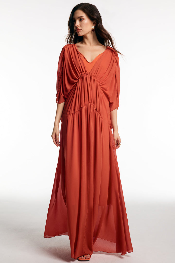 Chiffon V-Neck Ruched Short Sleeve Maxi Dress