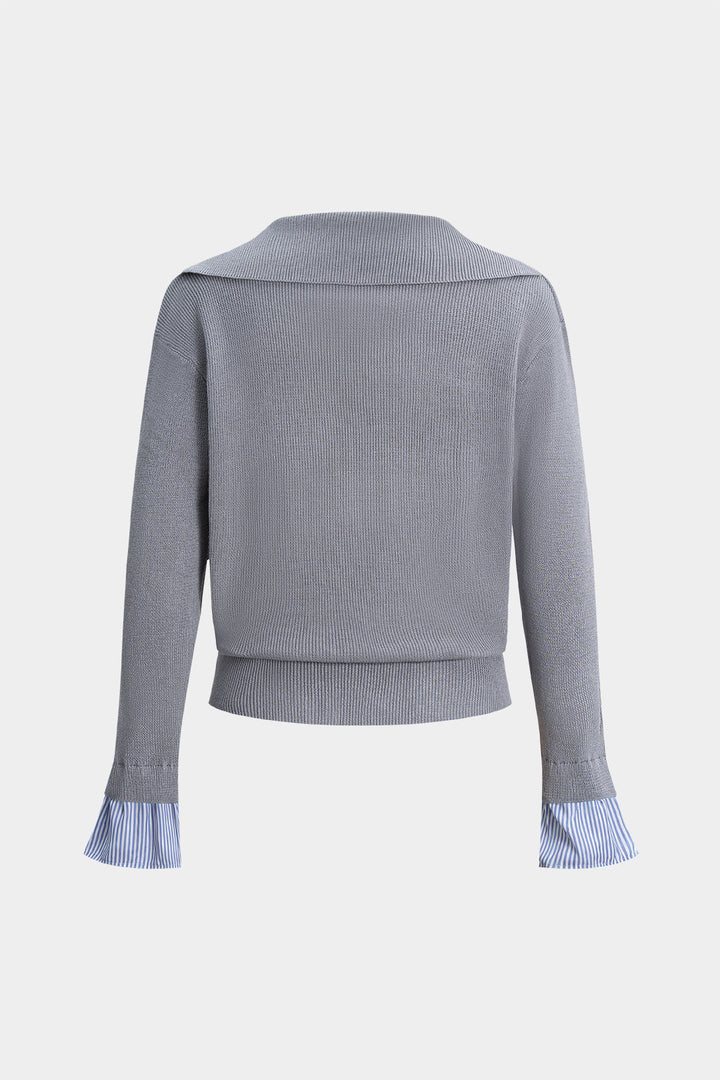 Knit Patchwork V-Neck Long-Sleeve Top
