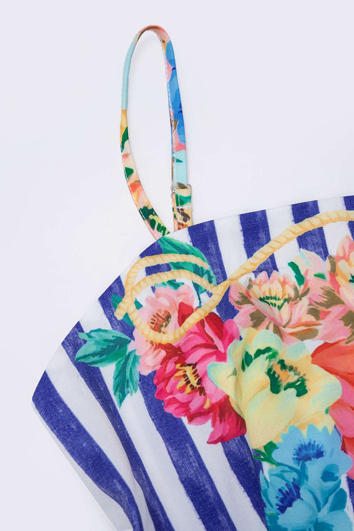Floral Stripes Print Sleeveless Maxi Dress