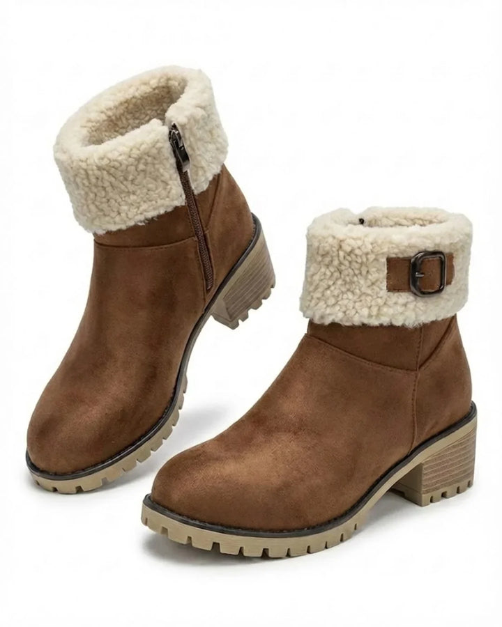 Mirella™ | Sherpa-cuff buckled side-zip heeled ankle boots