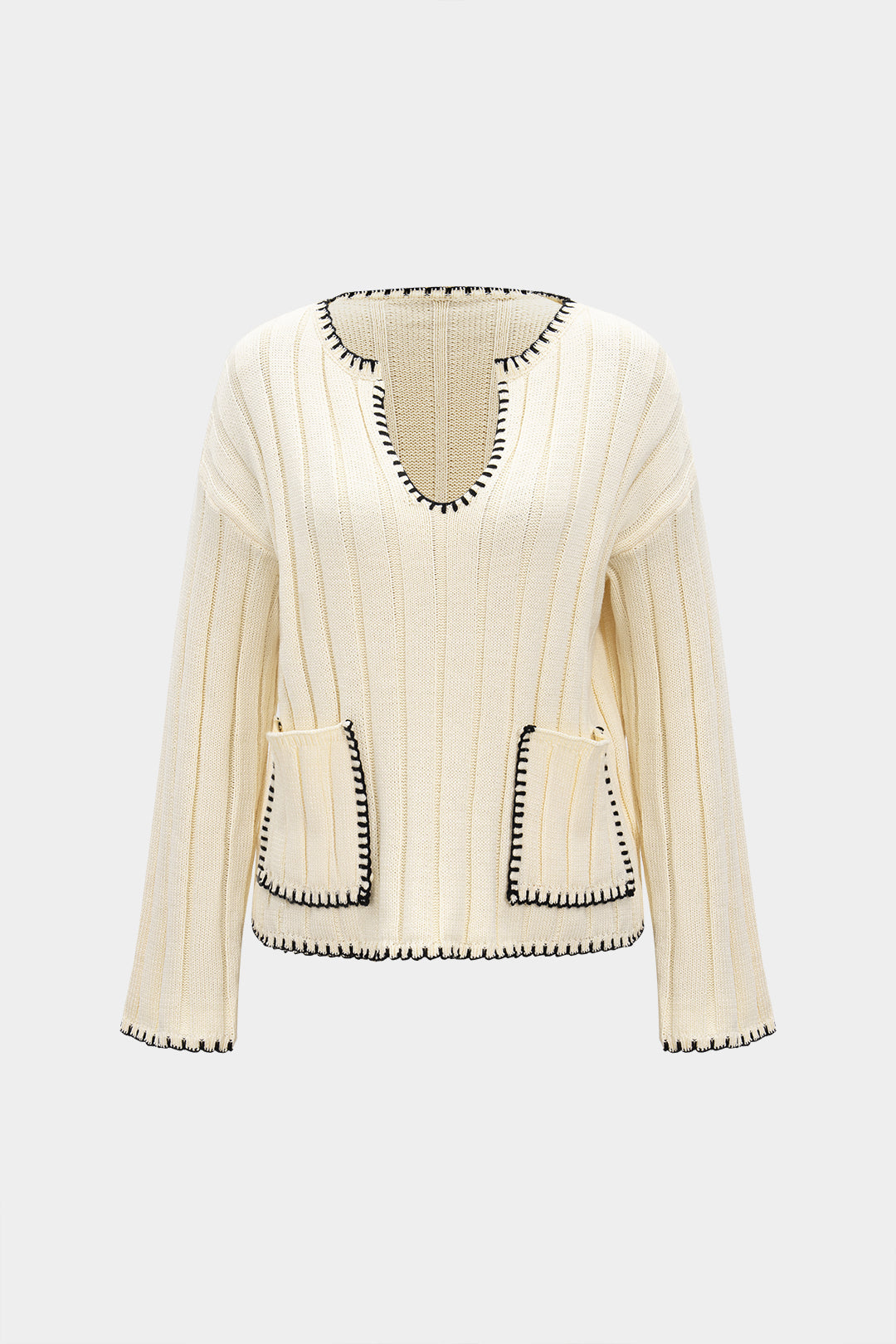 Knit V-Neck Contrast Binding Pocket Long-Sleeve Top