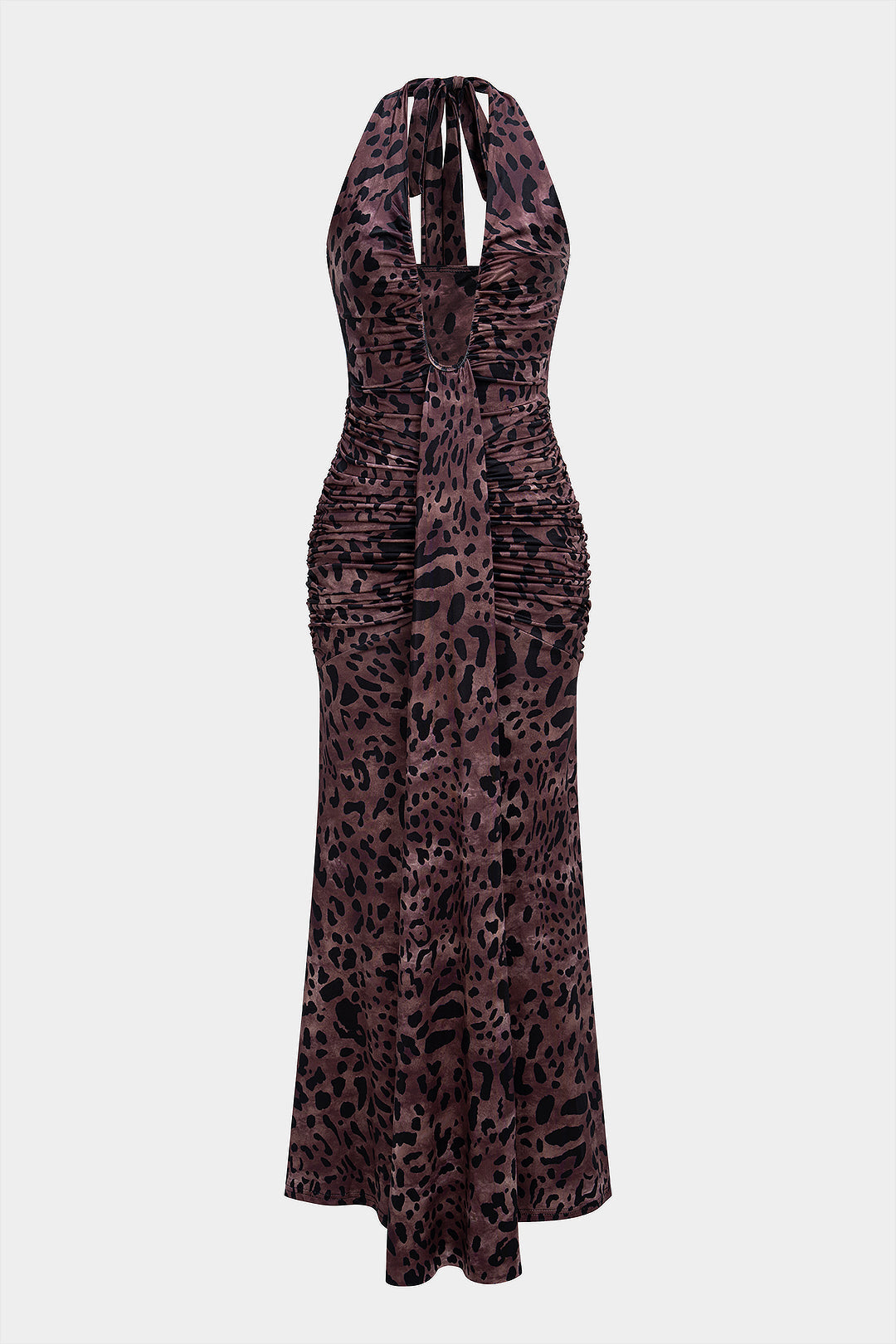 Leopard Print Halter Neck Backless Tie-Up Sleeveless Maxi Dress