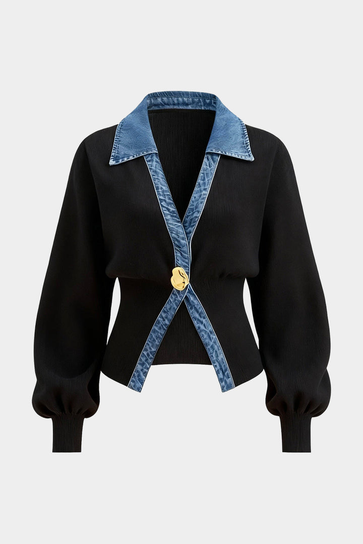 Knit Corset Waist Washed V-Neck Ruched Patchwork Cardigan