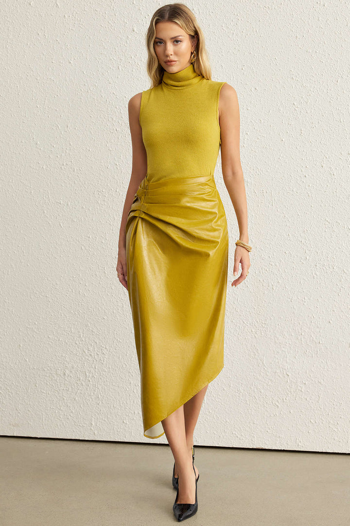 Faux Leather Patchwork High Neck Pleated Sleeveless Maxi Dress