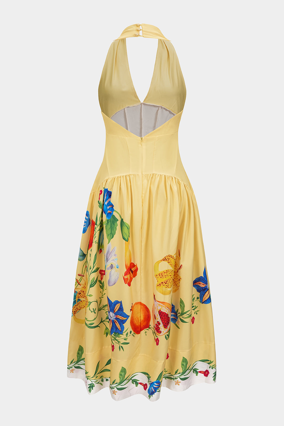 Floral Print Linen Patchwork Halter V-Neck Backless Sleeveless Maxi Dress