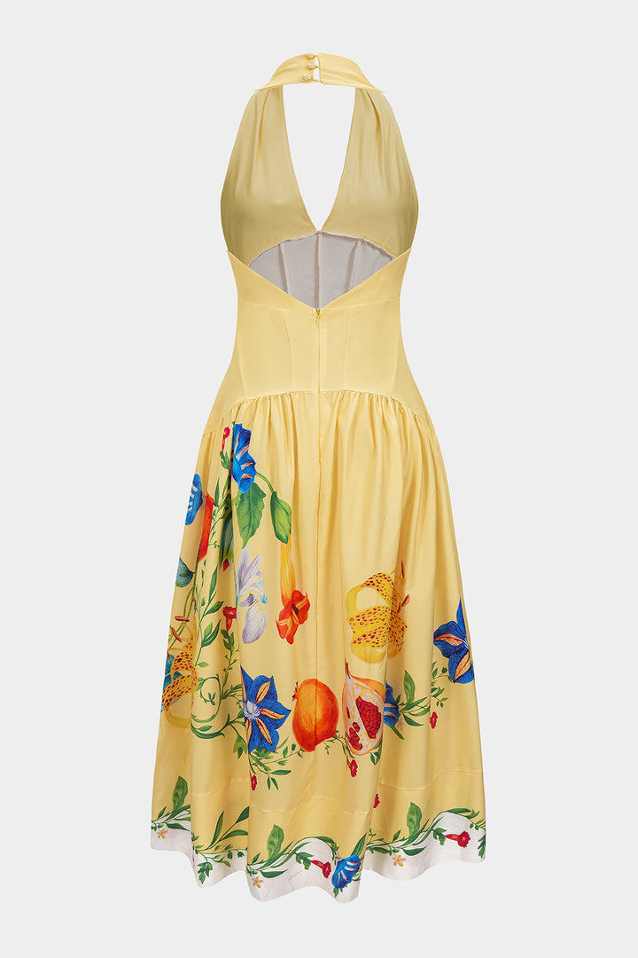 Floral Print Linen Patchwork Halter V-Neck Backless Sleeveless Maxi Dress